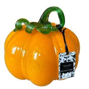 TAHARI Hand Blown Art Glass Pumpkin 8x10 Orange Green Stem Fall Home Decor New
